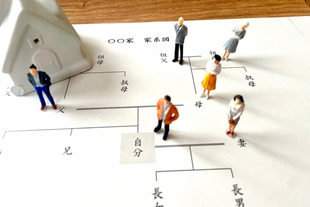 家系図の上に置かれた家族の人形と住宅模型