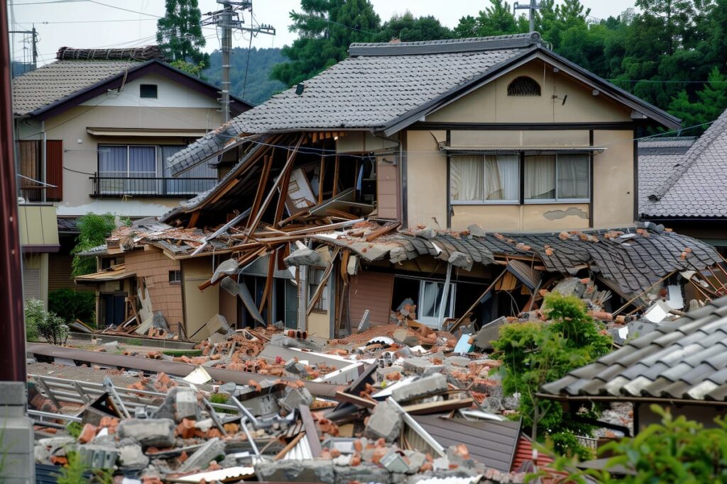 倒壊して大きく損傷した住宅